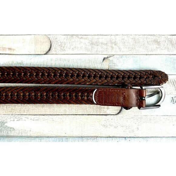 VINTAGE BRAIDED BROWN THICK BUCKLE GENUINE LEATHER CASUAL WOMEN`S BELT Sz L (50M - Picture 8 of 9